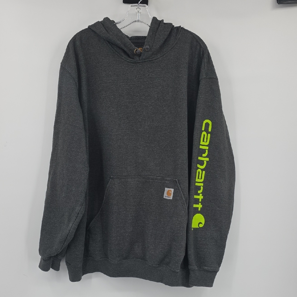 Carhartt Dark Gray Hoodie with Bright Green Sleeve Logo Original Fit Size XL